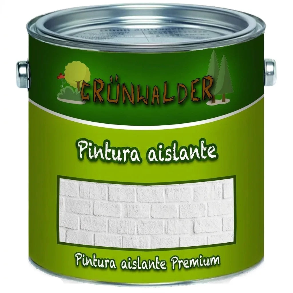 Bote de pintura aislante blanca Grünwalder con etiqueta verde. Texto 'Isolierfarbe' y 'Premium Isolierfarbe'.