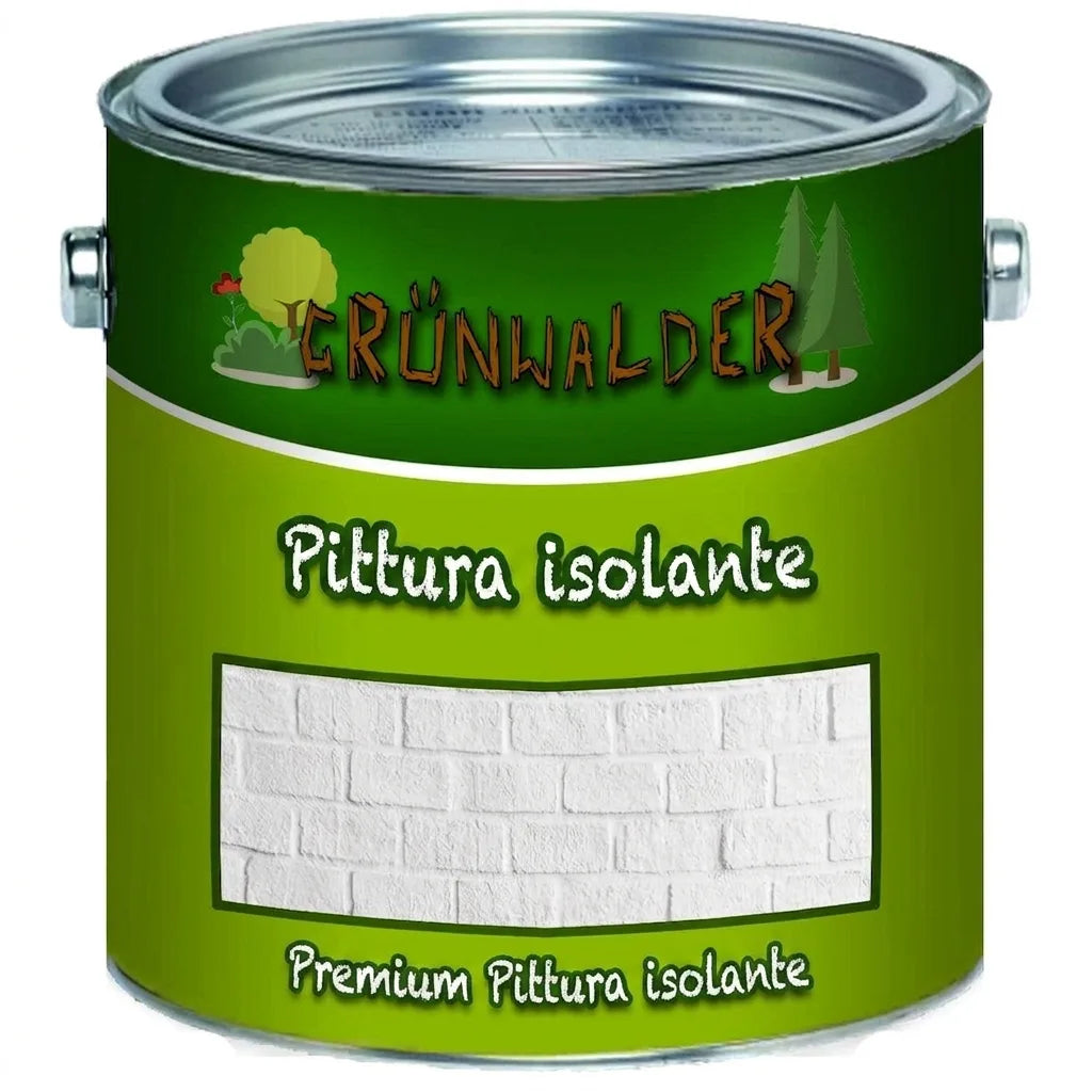 Lattina di vernice isolante premium Grünwalder di colore verde con campione di texture a mattoni bianchi.