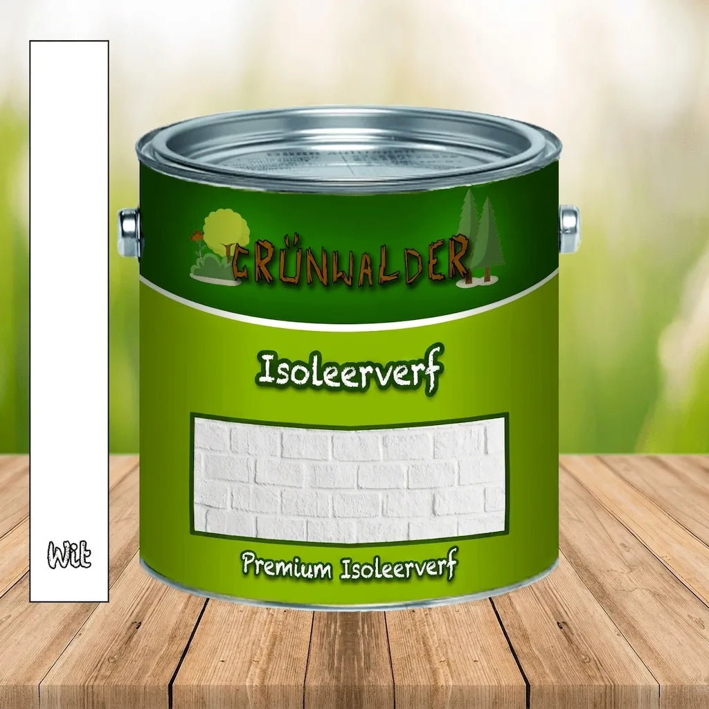 Groen Grünwalder verfblik met 'Isolierfarbe' en 'Premium Isolierfarbe' tekst, kleur 'Weiß', op een houten tafel.