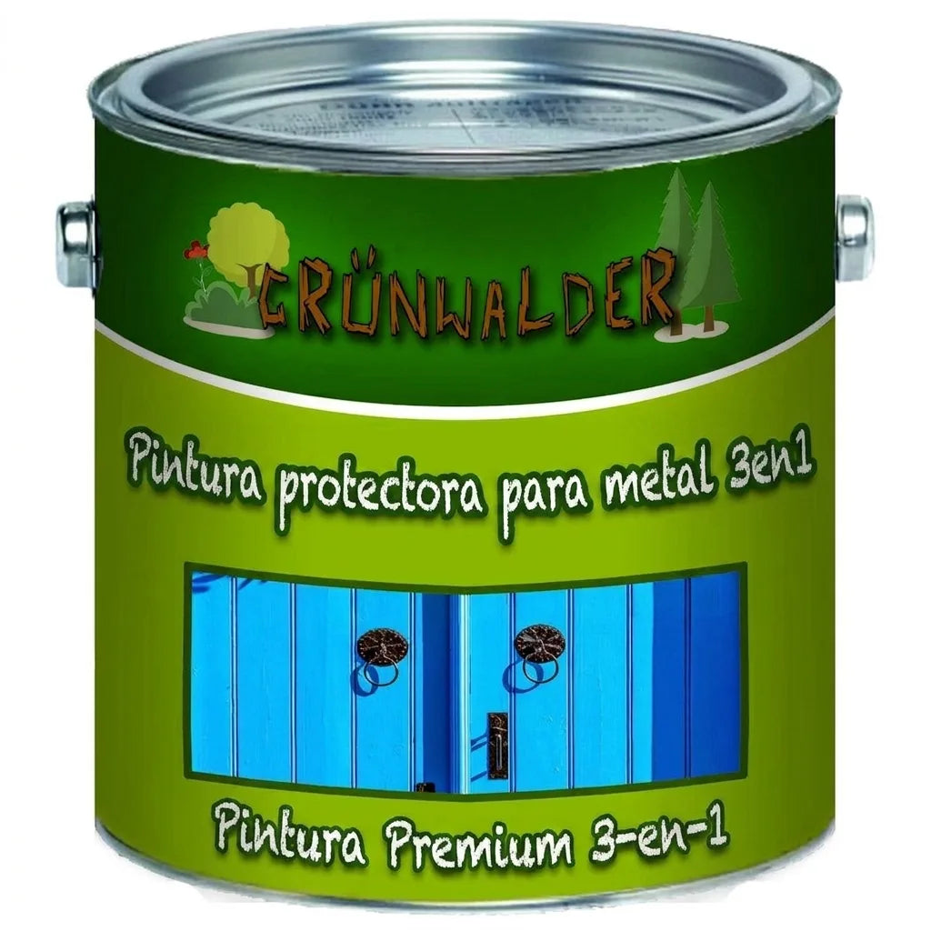 Bote de pintura verde Grünwalder, protectora de metal 3 en 1, con ilustración de persianas azules.