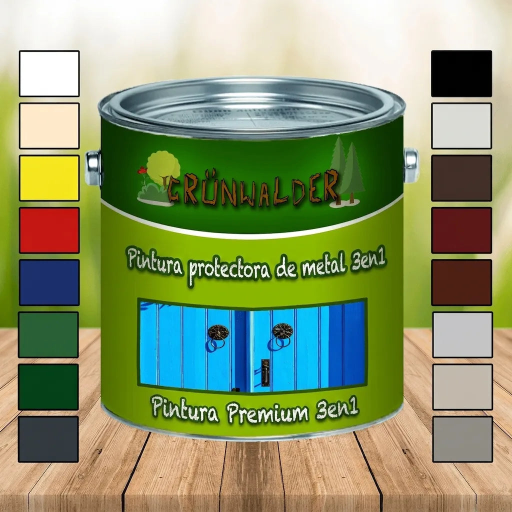 Bote de pintura protectora para metal Grünwalder 3 en 1 con una amplia gama de colores. Pintura premium para metal.