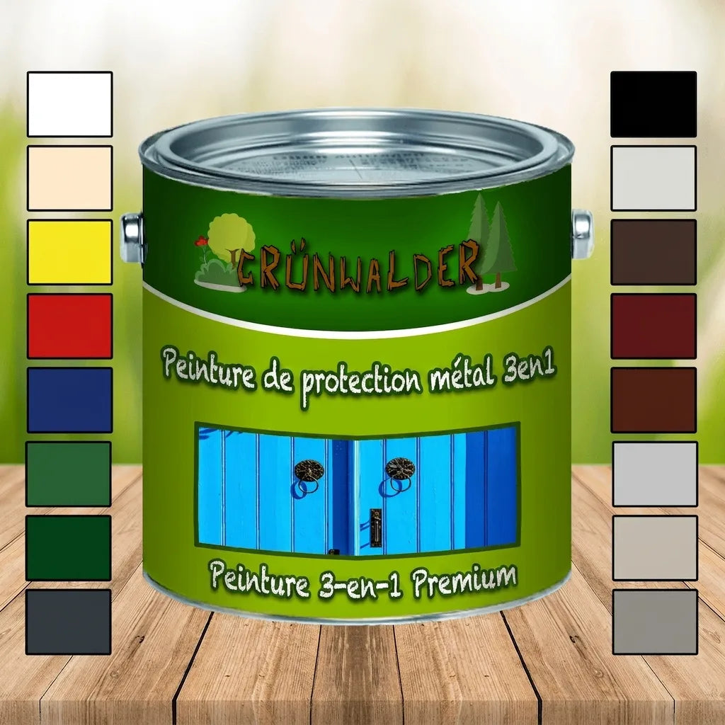 Pot de peinture premium Grünwalder 3en1 pour métal avec échantillons de couleurs, sur une table en bois.