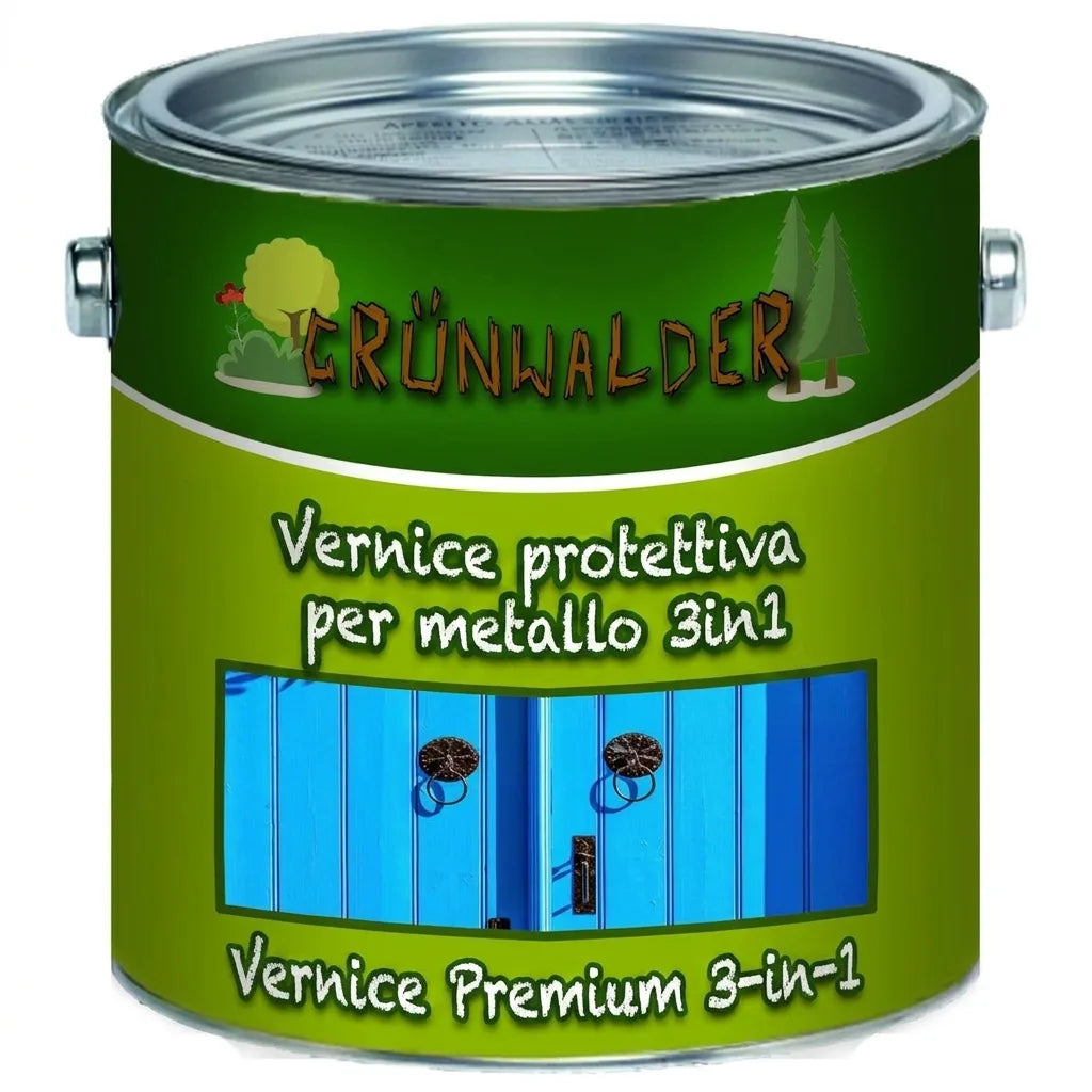 Lattina di vernice protettiva per metallo Grünwalder 3in1, design verde con illustrazione di una porta blu.