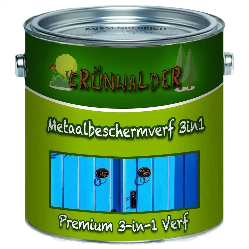 Grünwalder 3-in-1 premium metaalverf blik, afgebeeld met blauwe deur