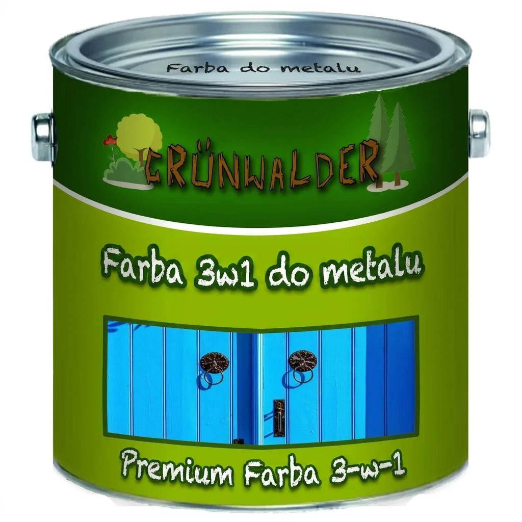 Zielona puszka farby ochronnej do metalu Grünwalder 3w1 Premium, na etykiecie niebieskie drzwi.