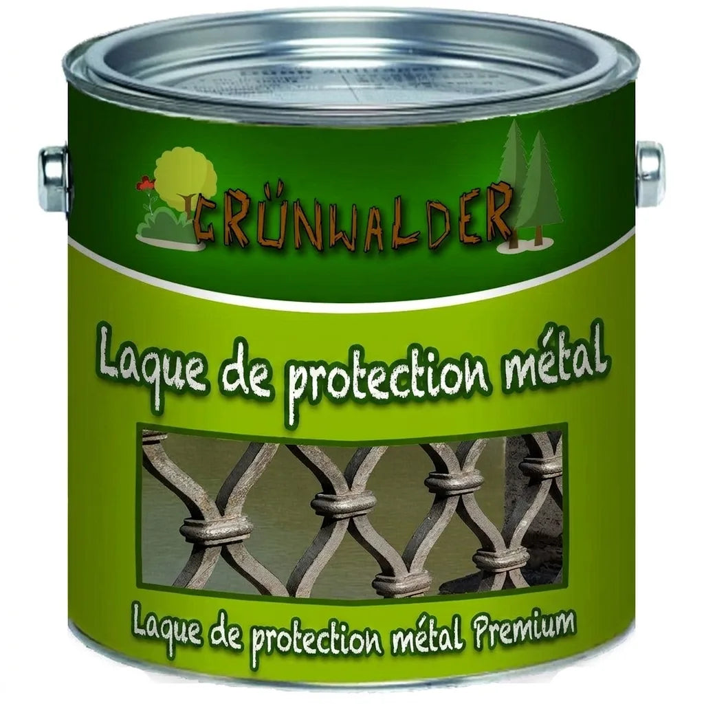 Pot de peinture vert GRÜNWALDER Metallschutzlack, laque de protection premium pour métal avec clôture en fer.