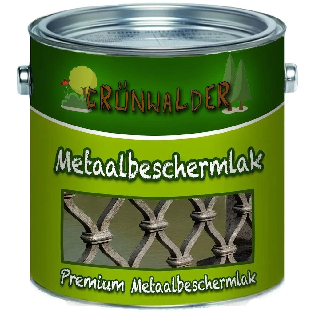Blik Grünwalder premium metaalbeschermingslak voor het beschermen van metalen zoals een sierhek.