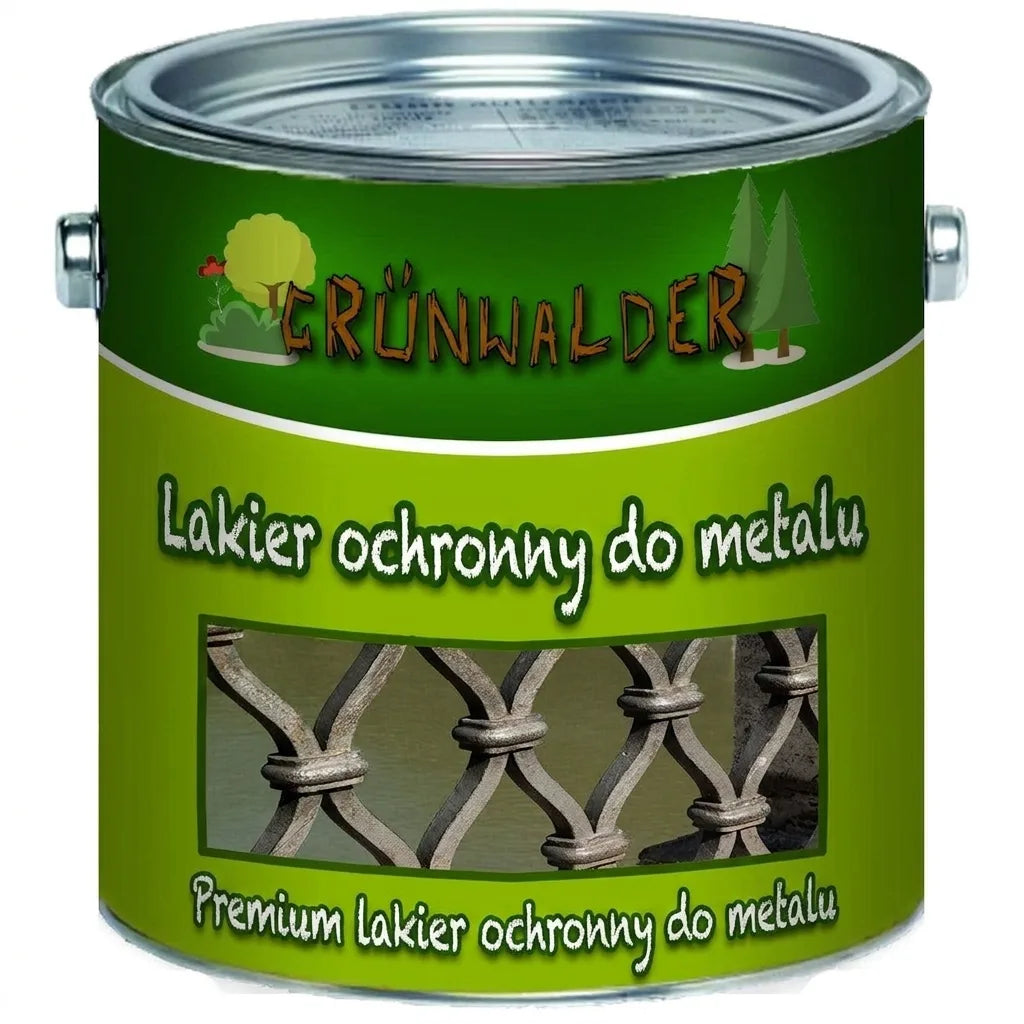 Zielona puszka lakieru ochronnego Grünwalder Premium do metalu, z fragmentem metalowego ogrodzenia.