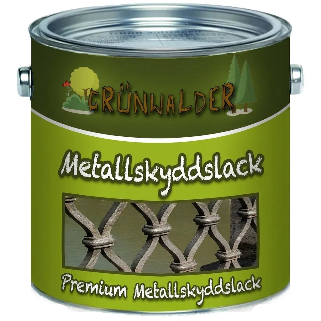 Grünwalder Premium metallskyddslack i burk med bild av ett metallstaket.