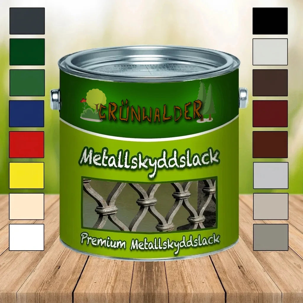 Grünwalder Premium Metallskyddsfärg i burk med färgprover på träbord.
