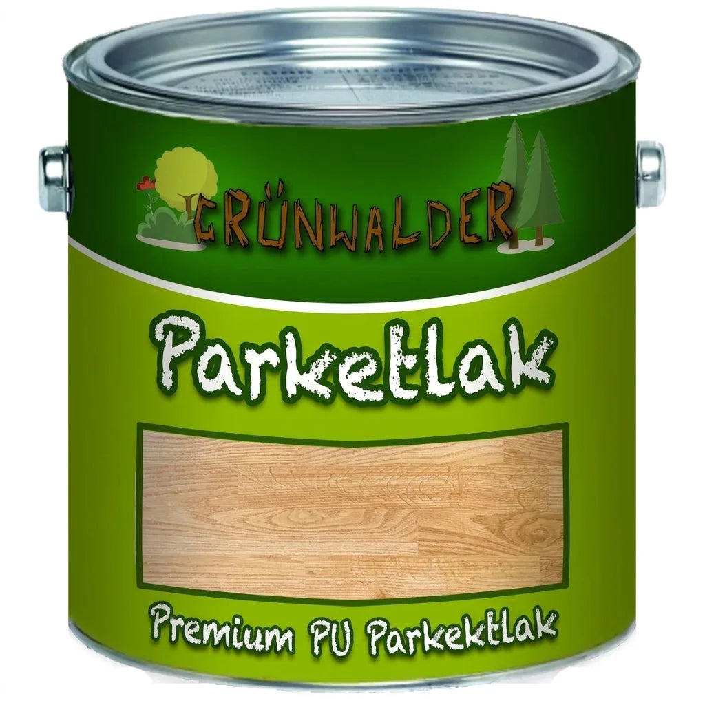 Grünwalder Premium PU parketlak i en grøn dåse, med billede af trægulv på etiketten.