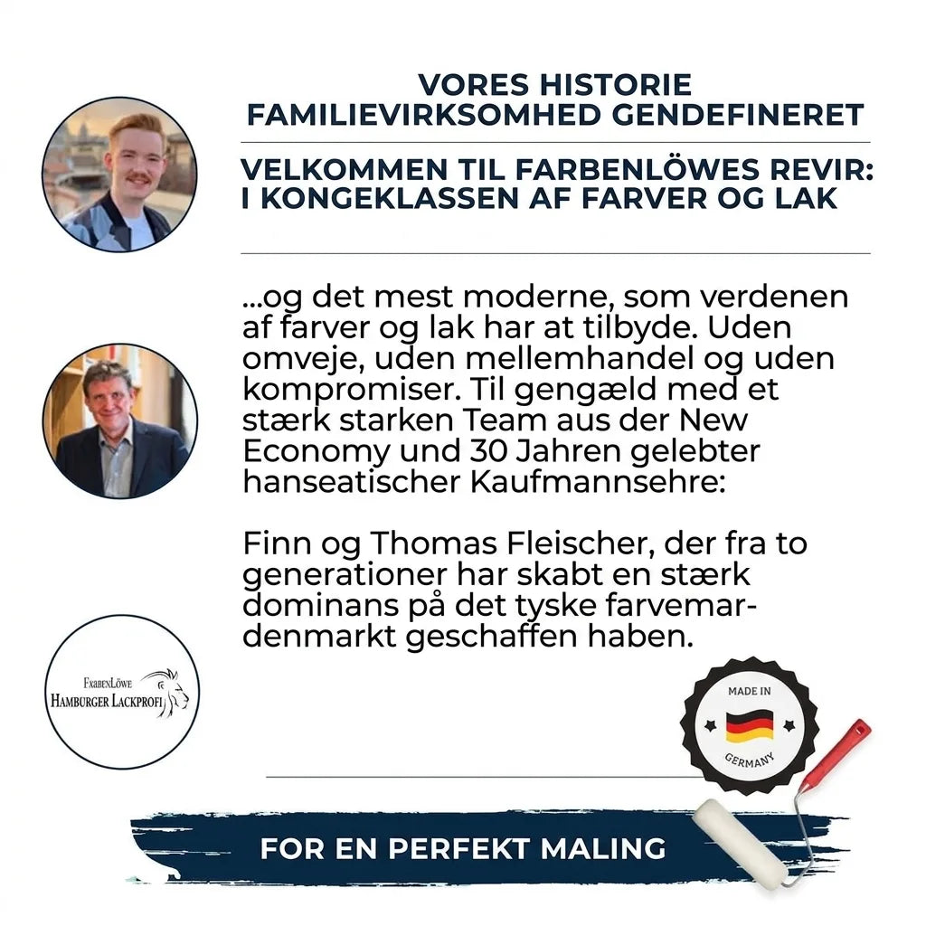 Farbenlöwe præsenterer sin familiehistorie, kongelig maling og lak, med portrætter af Finn og Thomas Fleischer, Made in Germany.