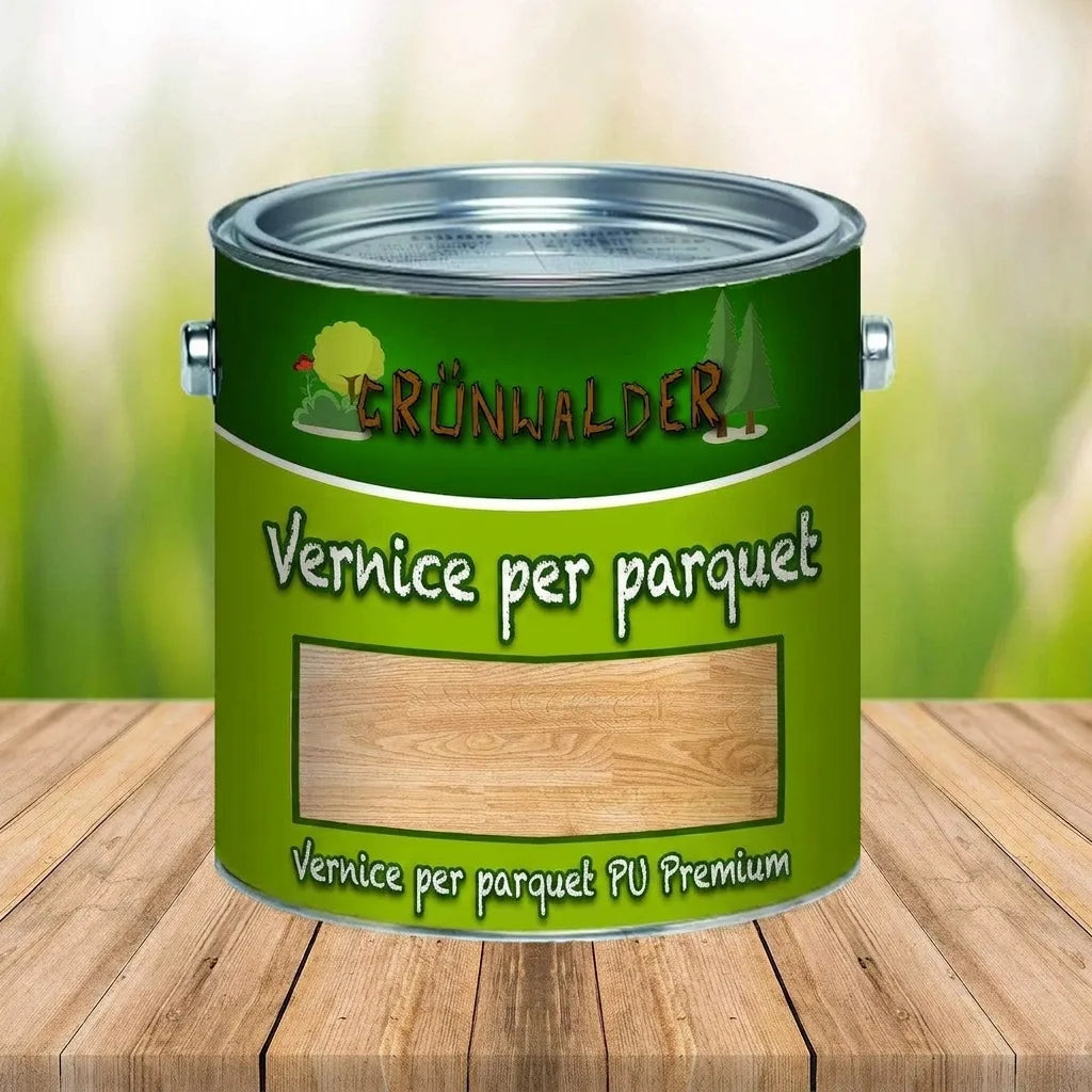 Barattolo di vernice verde Grünwalder Parkettlack Premium PU su tavolo in legno.