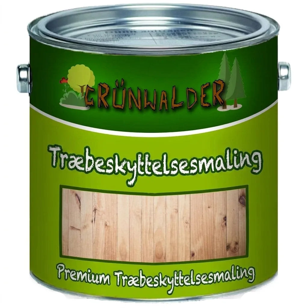 Grünwalder træbeskyttelsesmaling. Grøn dåse med premium træbeskyttelsesfarve og træstrukturprøve.