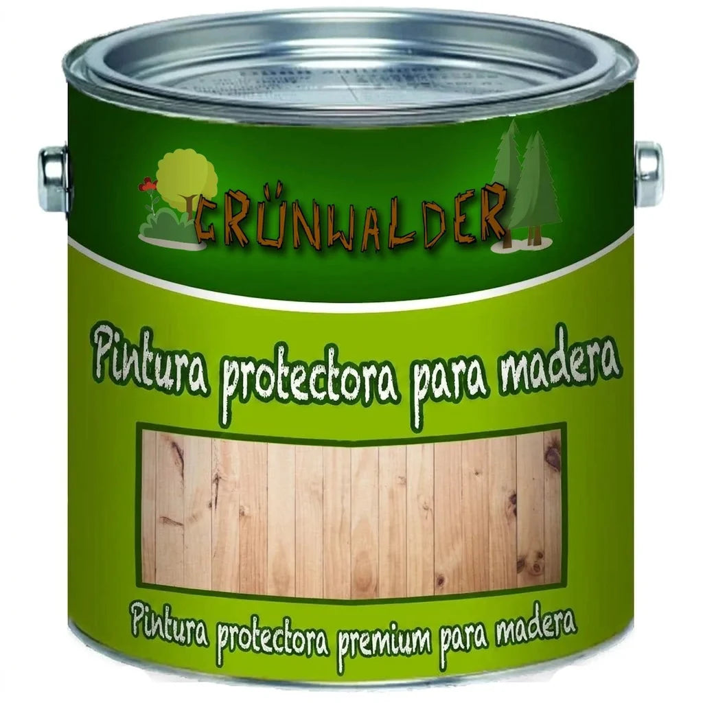 Lata de pintura Grünwalder 'Holzschutzfarbe' (Pintura protectora para madera premium) con muestra de color madera natural.
