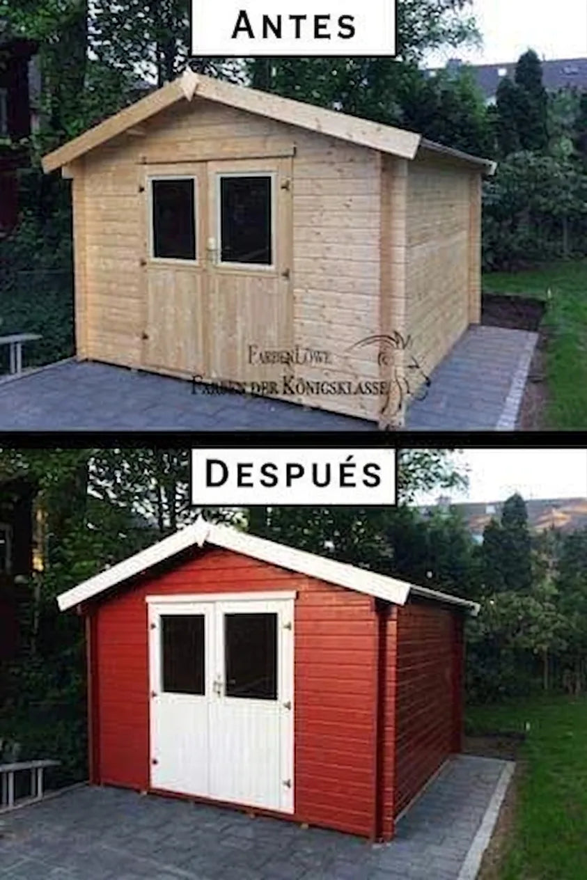Imagen de antes y después de un cobertizo de jardín de madera. El antes muestra la madera natural, y el después un vibrante rojo con puertas