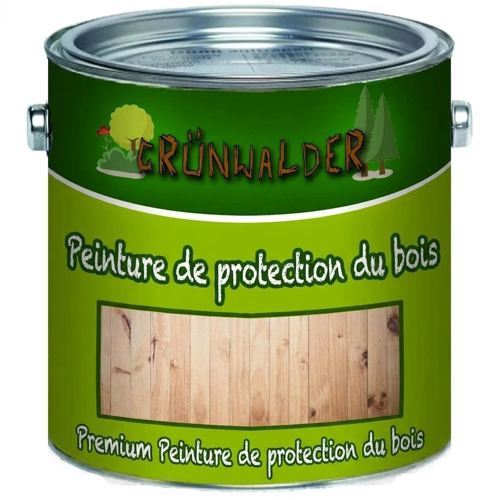 Pot de peinture GRÜNWALDER vert pour bois, étiquette allemande avec les textes «Holzschutzfarbe» et «Premium Holzschutzfarbe».