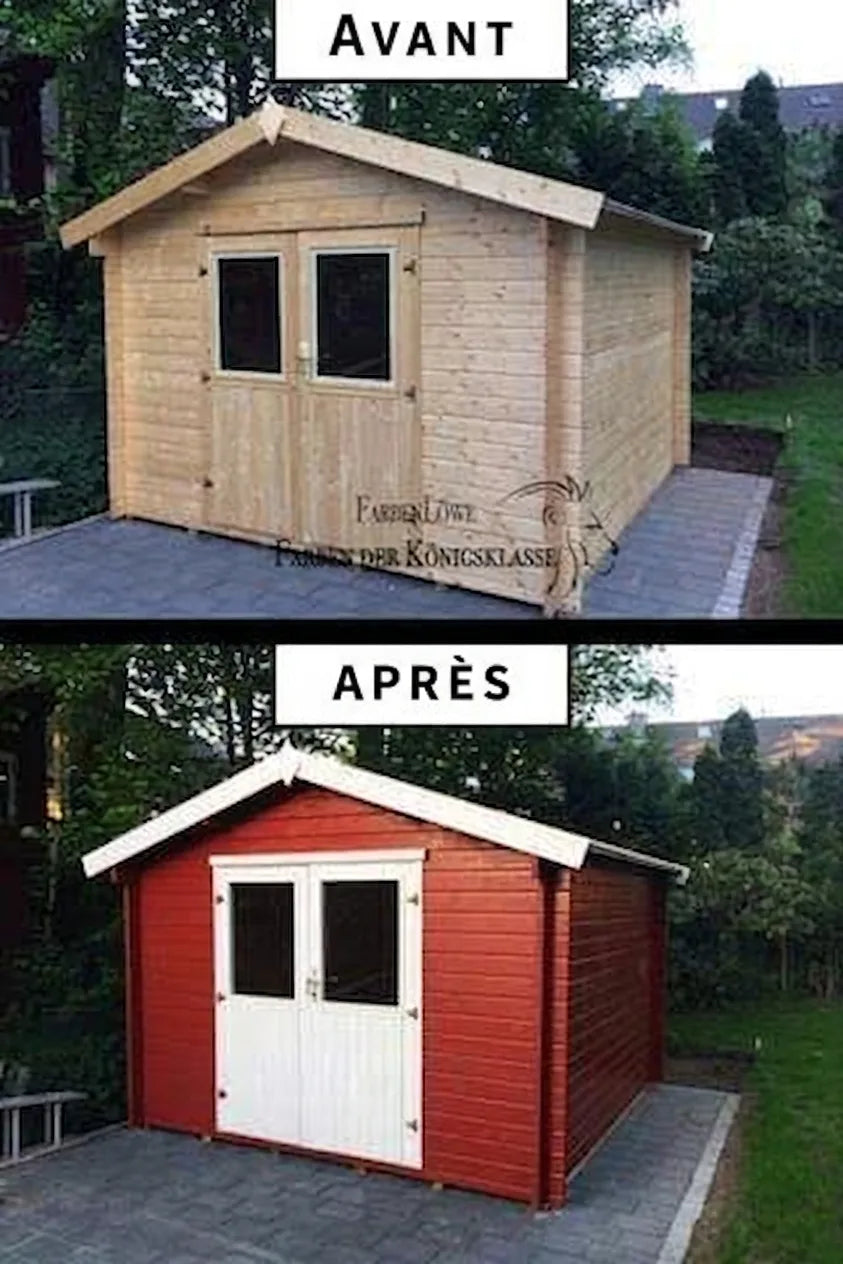 Abri de jardin en bois avant (naturel) et après (peint en rouge, portes blanches).