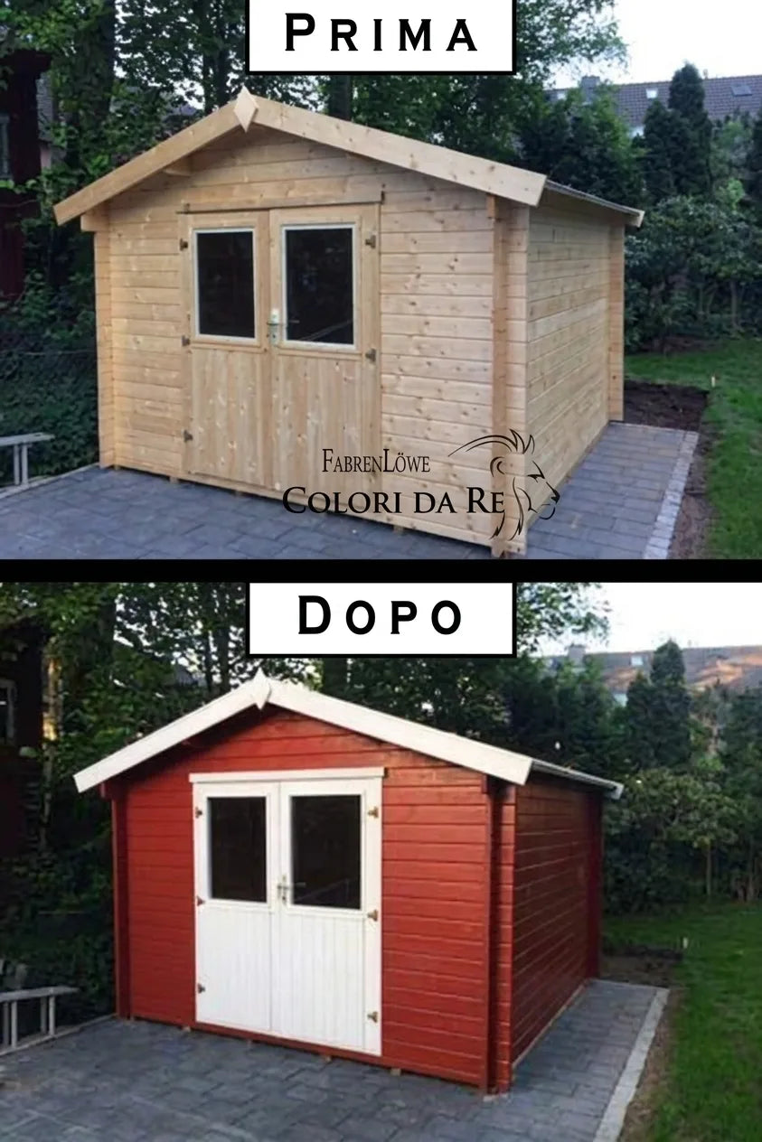 Casetta da giardino in legno prima (colore naturale) e dopo (rossa con porte bianche) con vernice FarbenLöwe.