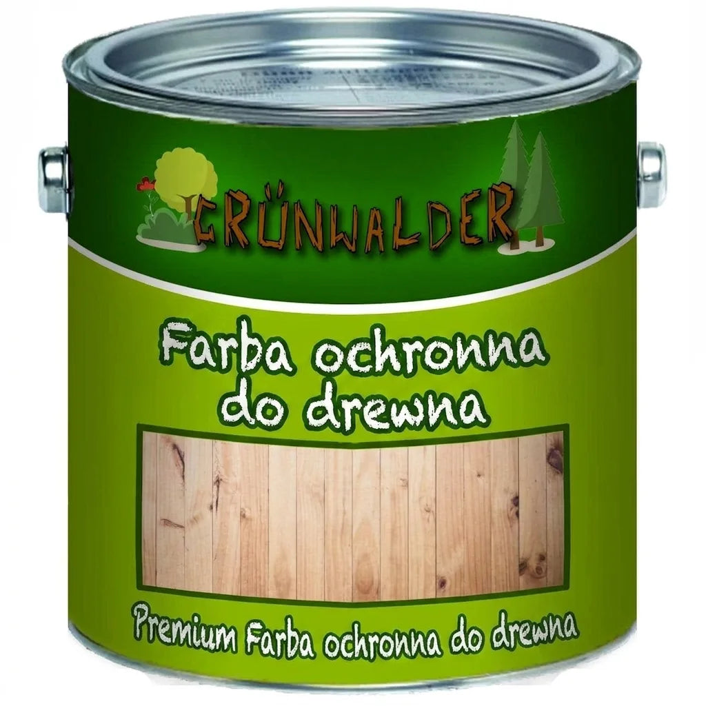 Puszka farby do ochrony drewna Grünwalder. Widoczny napis „Holzschutzfarbe” i próbka naturalnego drewna.