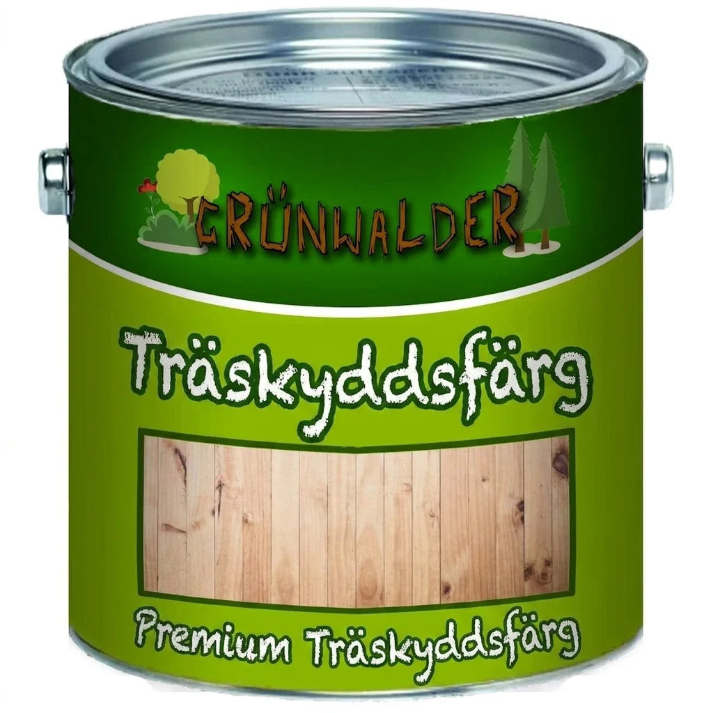 Grünwalder Premium träskyddsfärg i burk. Etikett med träfärgsprov för naturligt träskydd.