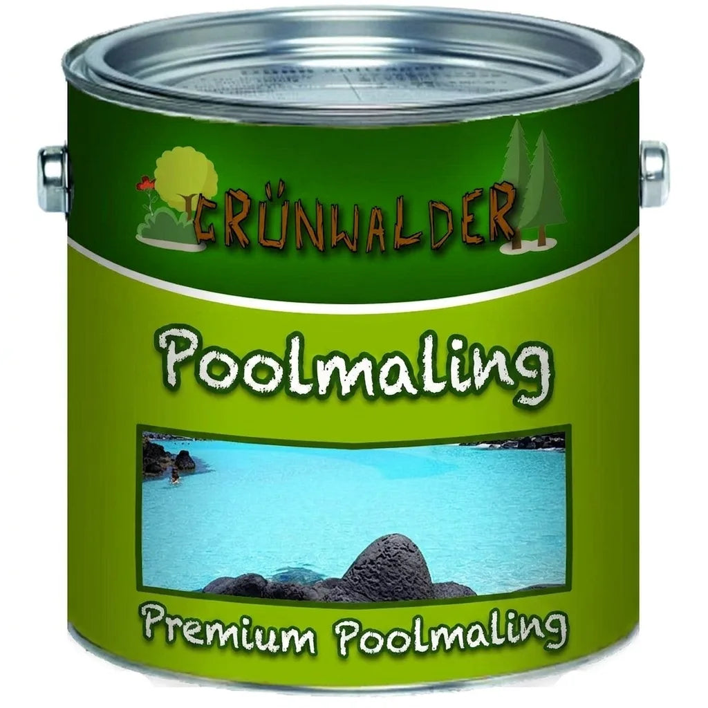 Grünwalder Premium Svømmebassinmaling i grøn dåse med billede af en blå pool.