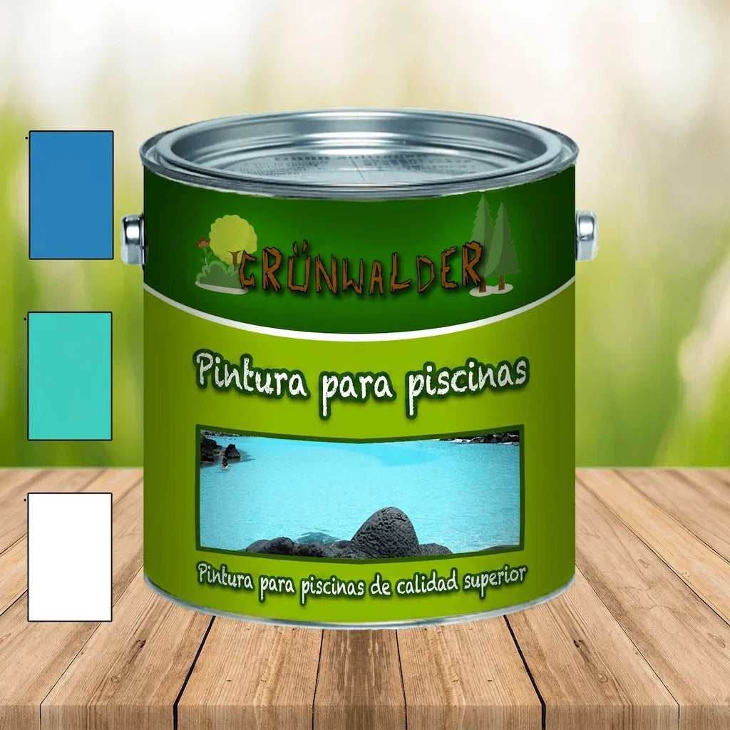 Bote de pintura verde GRÜNWALDER para piscinas con muestras de colores azul, turquesa y blanco.