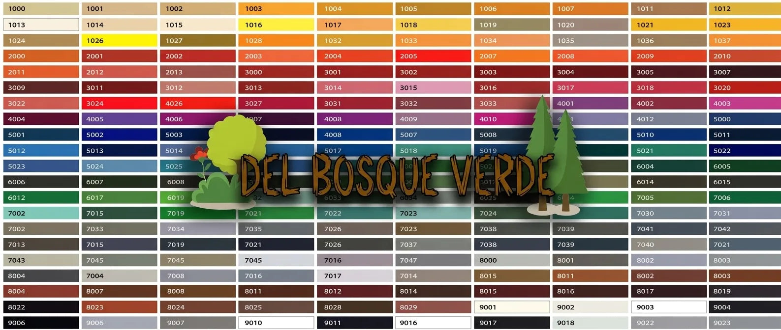Muestra de paleta de colores RAL con cuadrículas numeradas y el texto prominente 'GRÜNWALDER' con árboles.