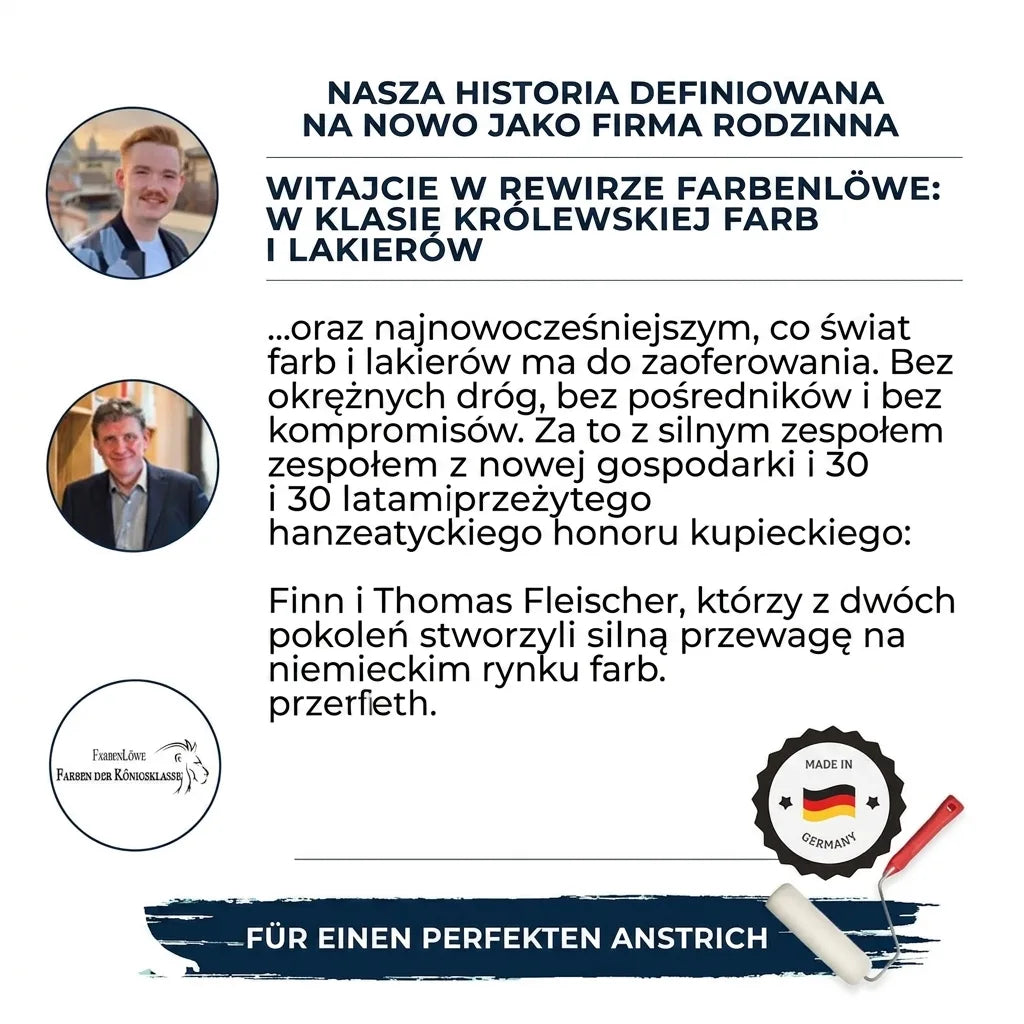 Historia firmy FarbenLöwe, farby i lakiery premium. Finn i Thomas Fleischer, eksperci malarstwa.