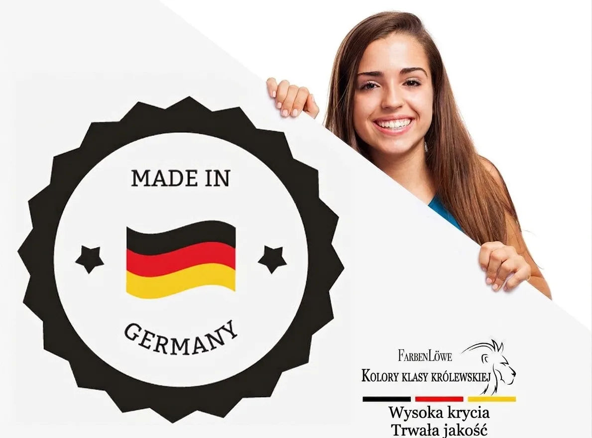 Uśmiechnięta kobieta prezentuje plakietkę 'Made in Germany' i logo FarbenLöwe 'Farby Klasy Królewskiej' z flagą Niemiec.
