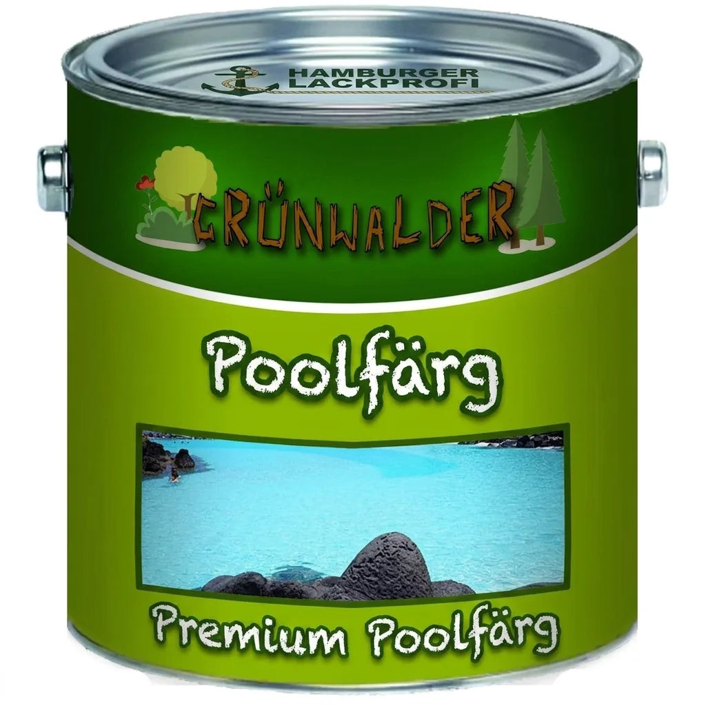 Grünwalder Premium simbassängsfärg i grön burk, med bild på en ljusblå pool.