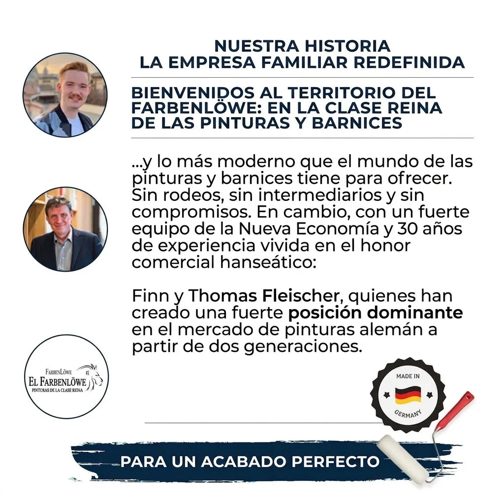Dos hombres con texto sobre la historia de una empresa familiar de pinturas, mostrando el logo Farbenlöwe y un rodillo.