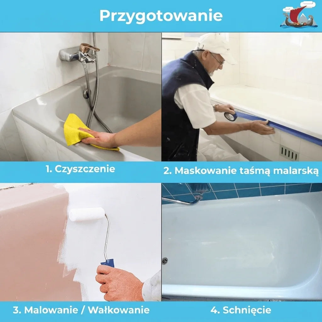 Instrukcja renowacji wanny w 4 krokach: czyszczenie, taśmowanie, malowanie wałkiem i suszenie.