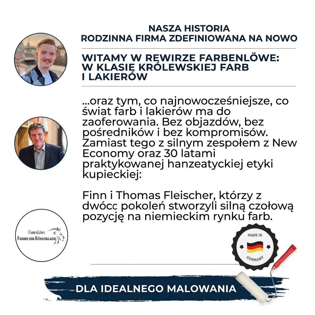 Wizerunki mężczyzn i tekst o niemieckiej firmie rodzinnej Farbenlöwe, specjalizującej się w farbach i lakierach.