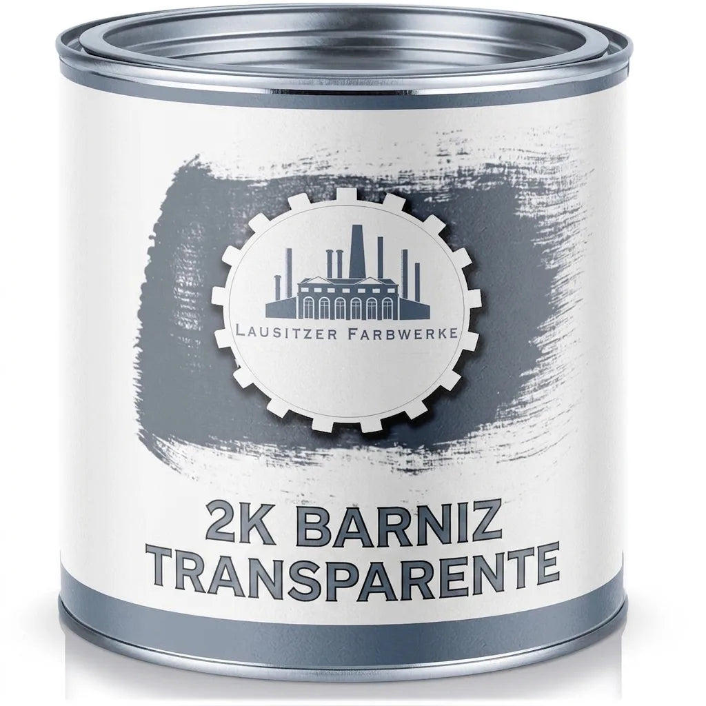 Bote de pintura metálico con etiqueta blanca y gris. Logo Lausitzer Farbwerke y texto 2K Klarlack.