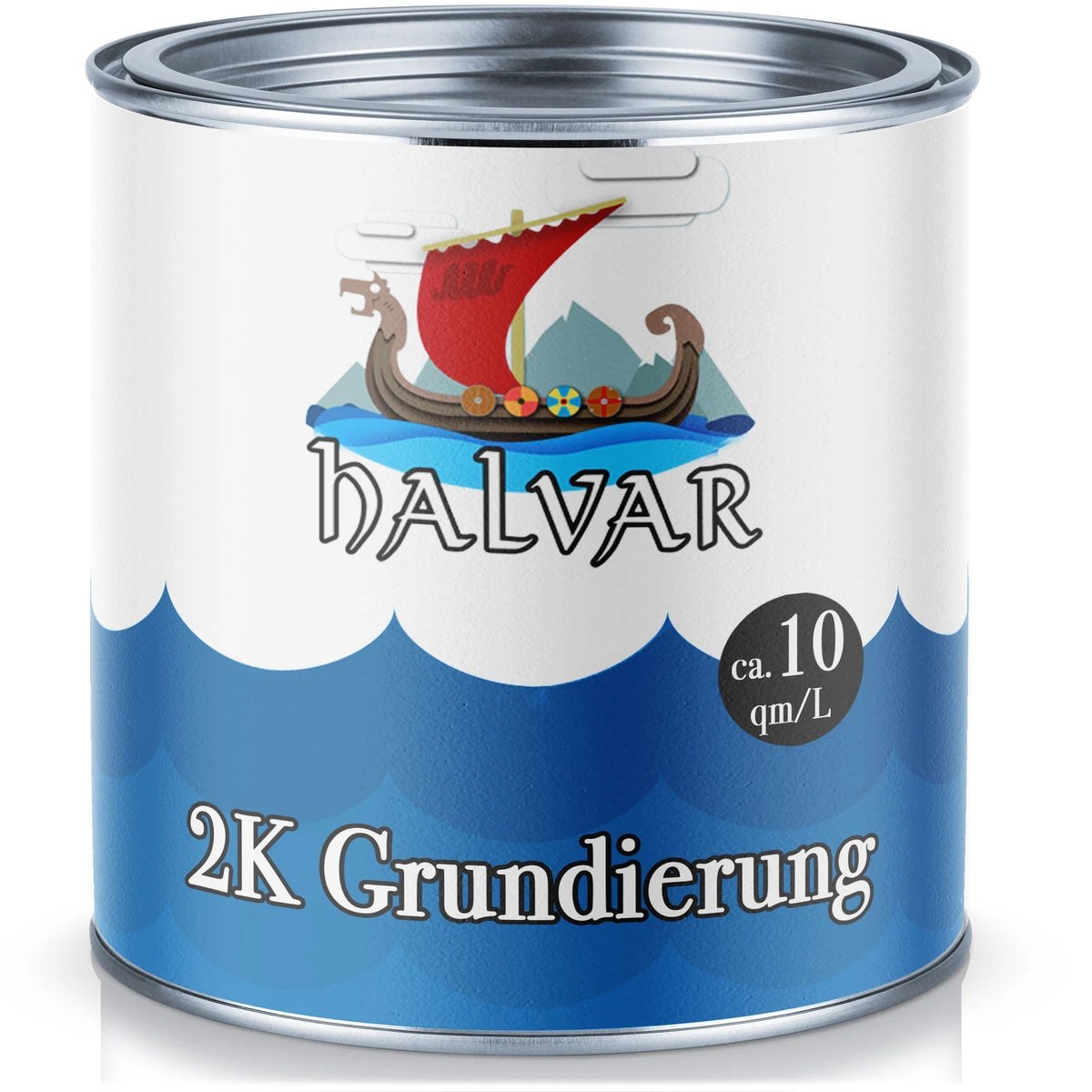 Pot de peinture HALVAR (apprêt 2K) avec motif de drakkar et rendement env. 10 m²/L.