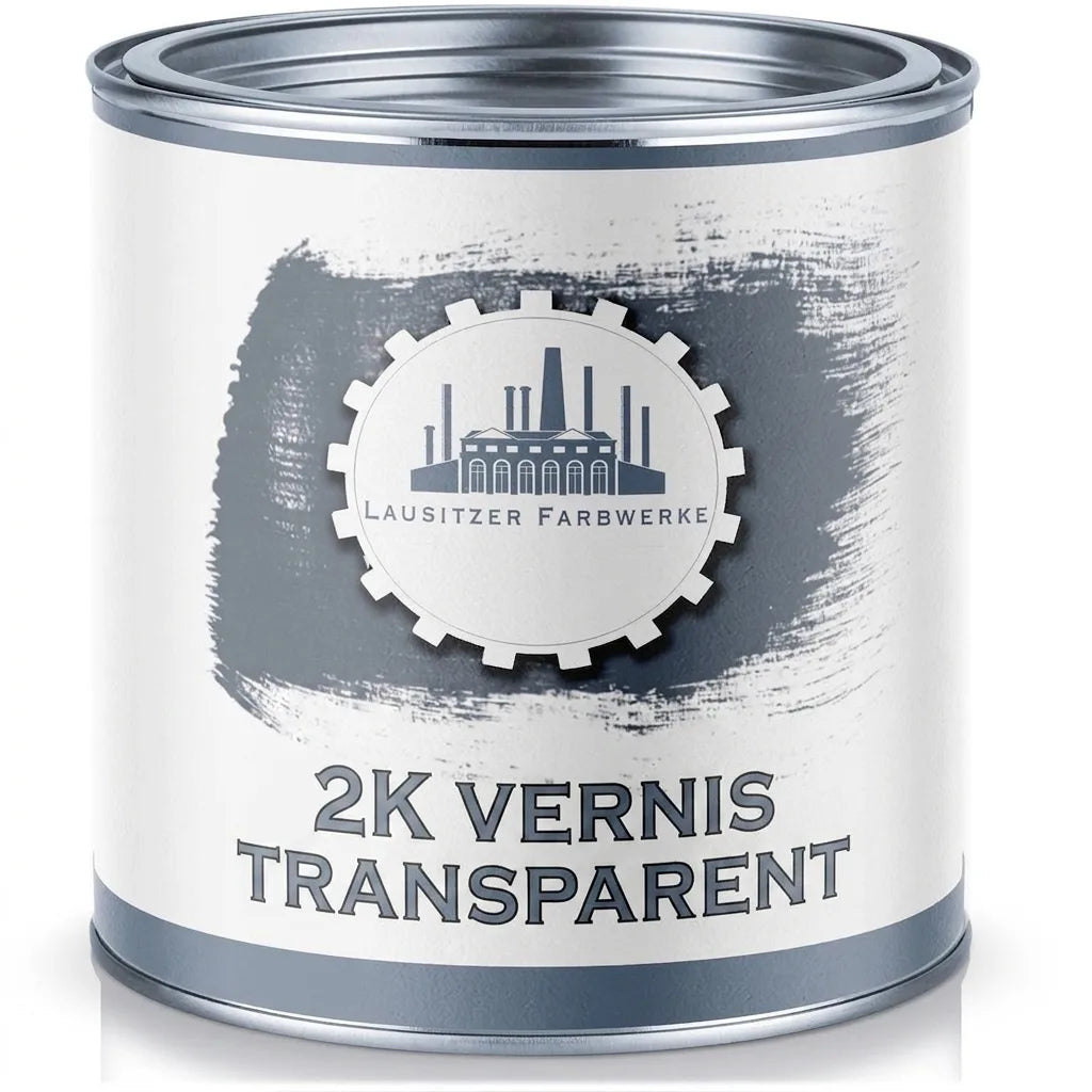 Pot de vernis transparent 2K (bi-composant) avec logo Lausitzer Farbwerke, peinture industrielle.