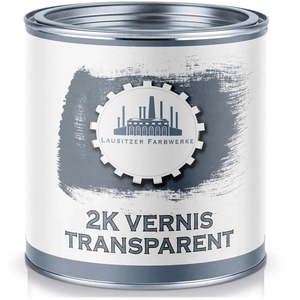 Pot de vernis transparent 2K (bi-composant) avec logo Lausitzer Farbwerke, peinture industrielle.