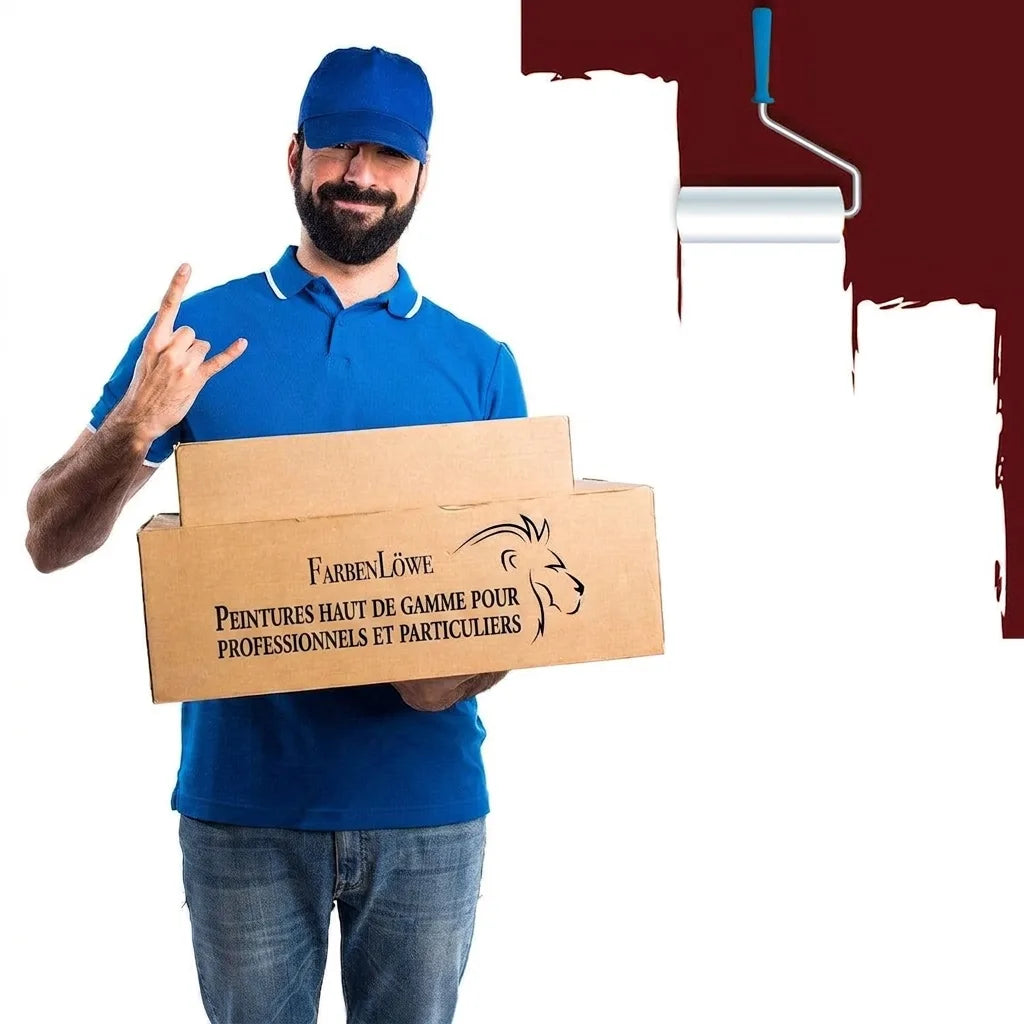 Livreur souriant tenant des cartons 'FarbenLöwe' (Couleurs de la Classe Royale) avec un logo de lion. Rouleau de peinture.