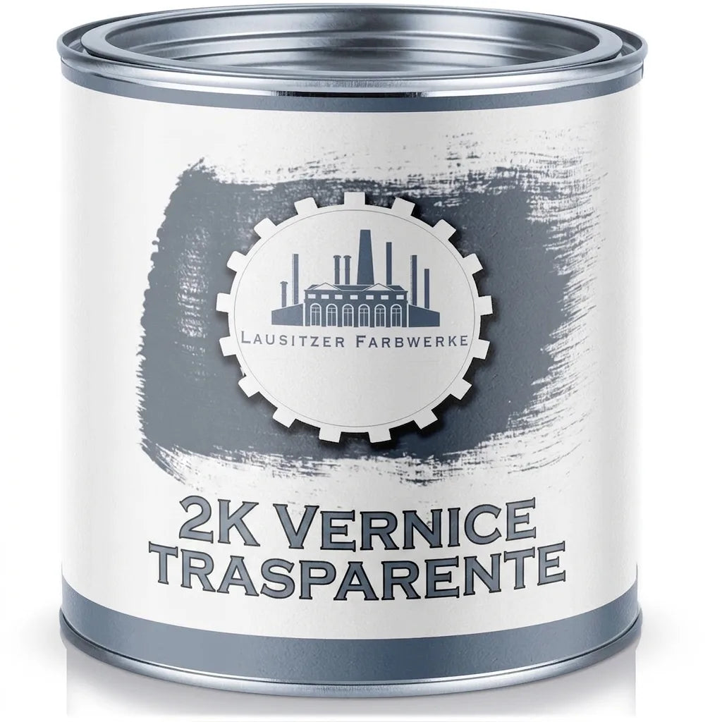 Lattina di vernice con etichetta "Lausitzer Farbwerke 2K Klarlack" (lacca trasparente bicomponente).