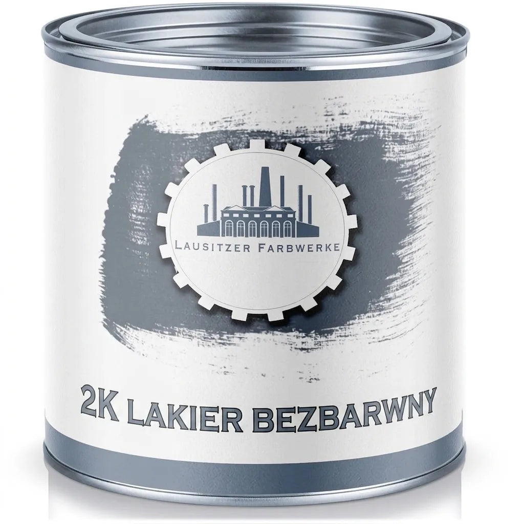 Srebrna puszka z farbą, na białej etykiecie logo fabryki i szare pociągnięcie pędzla, napisy: 2K Klarlack.