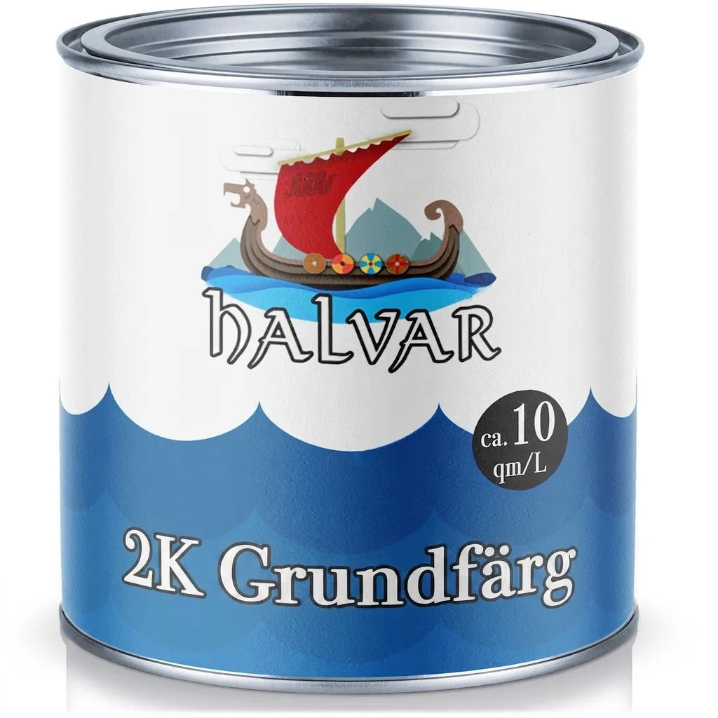 HALVAR 2K Grundierung primärfärg i burk, med vikingaskepp. Täcker ca 10 kvm/L.