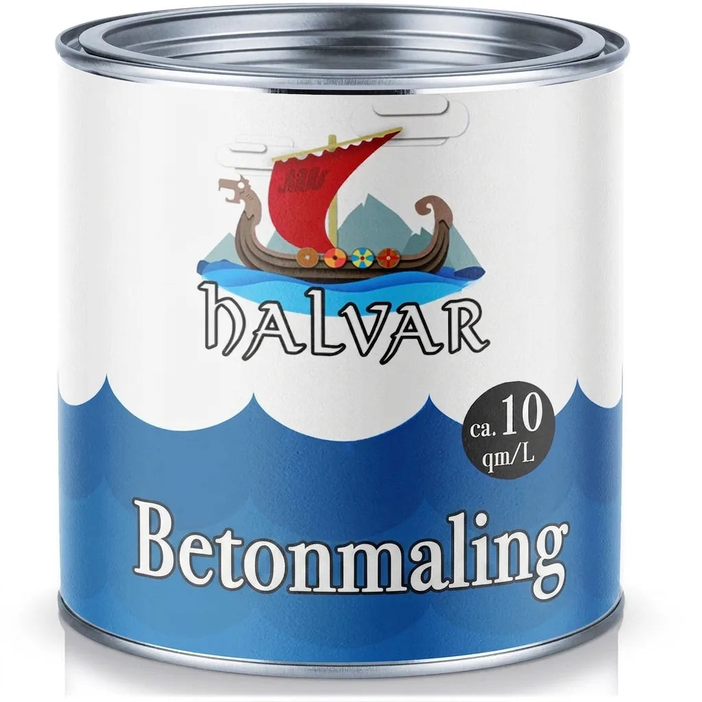 HALVAR betonmaling dåse med vikingeskib, bjerge. Tekst: Betonfarbe, ca. 10 kvm/L.