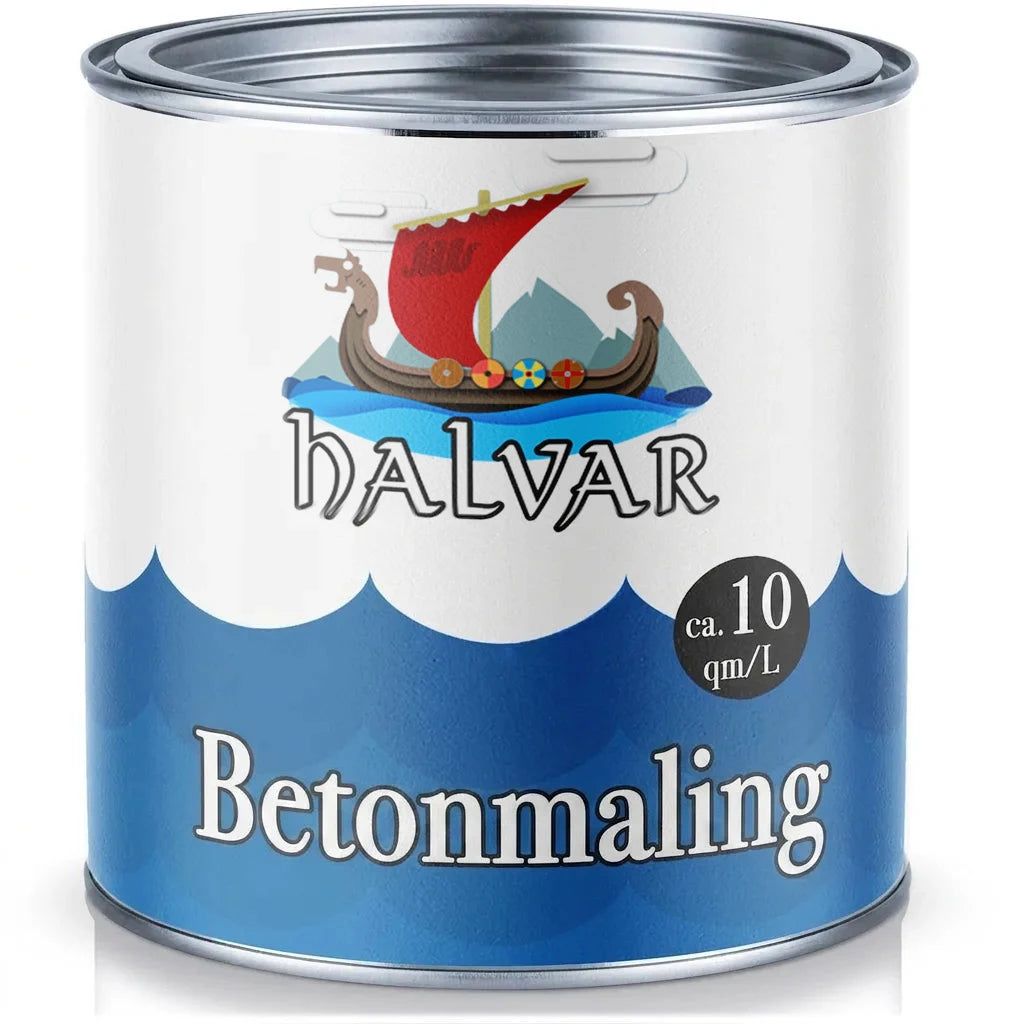 HALVAR betonmaling dåse med vikingeskib, bjerge. Tekst: Betonfarbe, ca. 10 kvm/L.