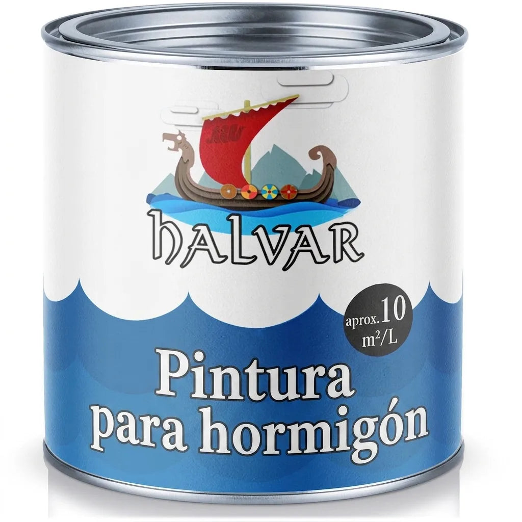 Lata de pintura para hormigón Halvar (Betonfarbe) con logo de barco vikingo, rendimiento aprox. 10 m²/L.