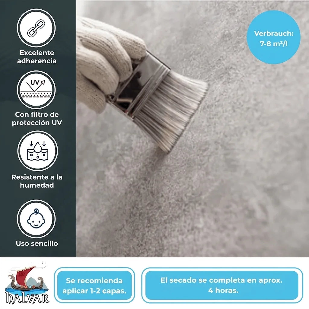 Recubrimiento Halvar aplicado con brocha en superficie gris. Destaca: adherencia superior, filtro UV, resistente, fácil uso.