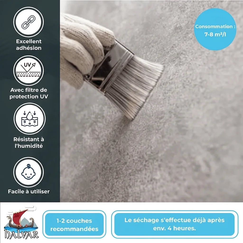 Application d'une peinture grise. Détails: excellente adhérence, protection UV, résiste humidité, facile à utiliser, séchage rapide.