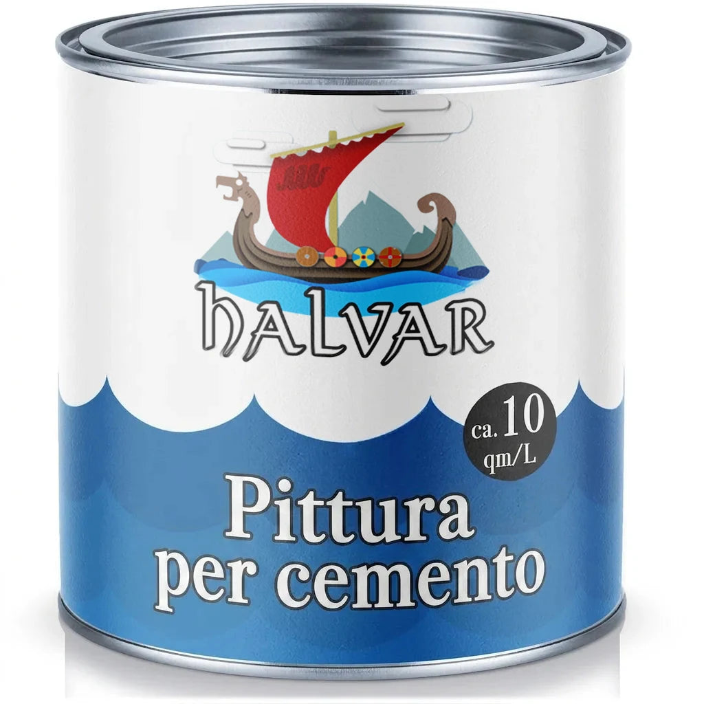 Lattina di vernice Halvar per cemento con logo nave vichinga, copertura ca. 10 mq/L.