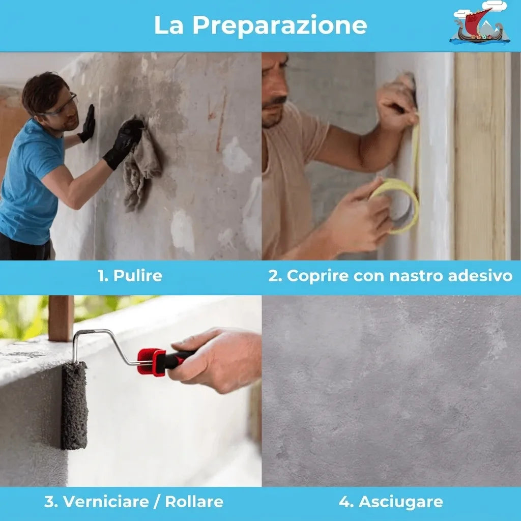 Quattro passaggi per la preparazione della superficie: pulizia, mascheratura con nastro, pittura e asciugatura.