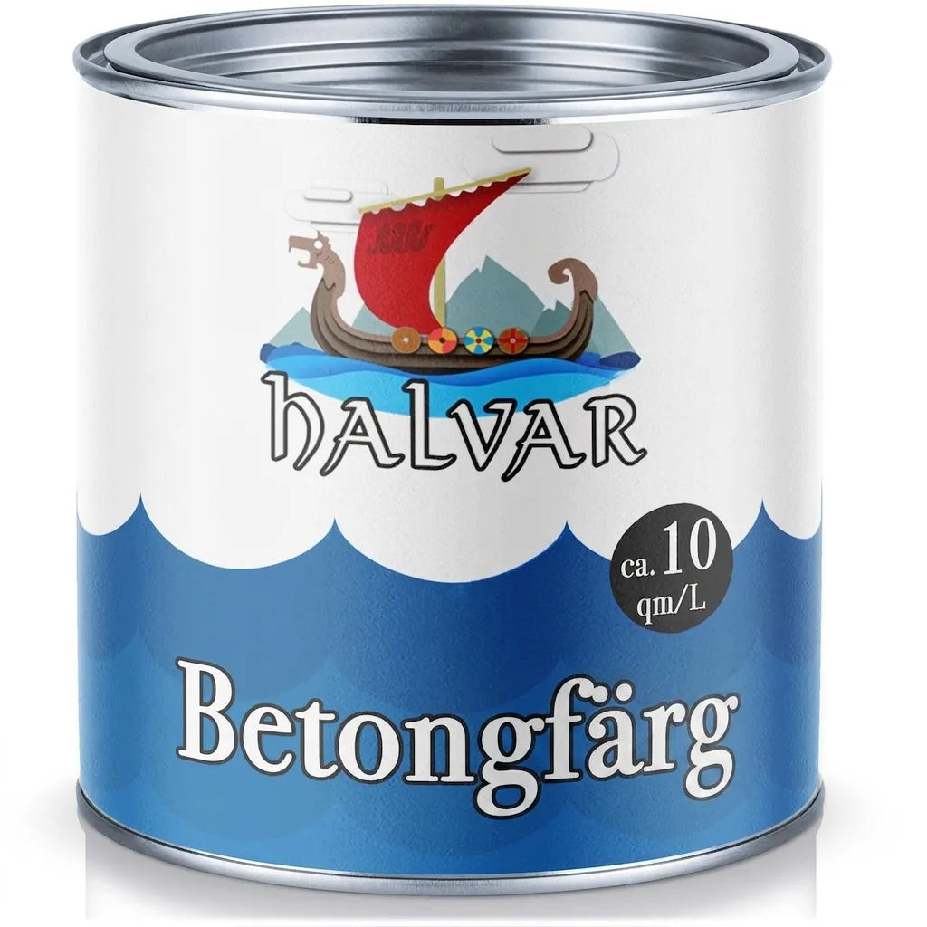HALVAR betongfärgburk med vikingaskeppslogo, ca 10 kvm/L täckning och vågmönster.